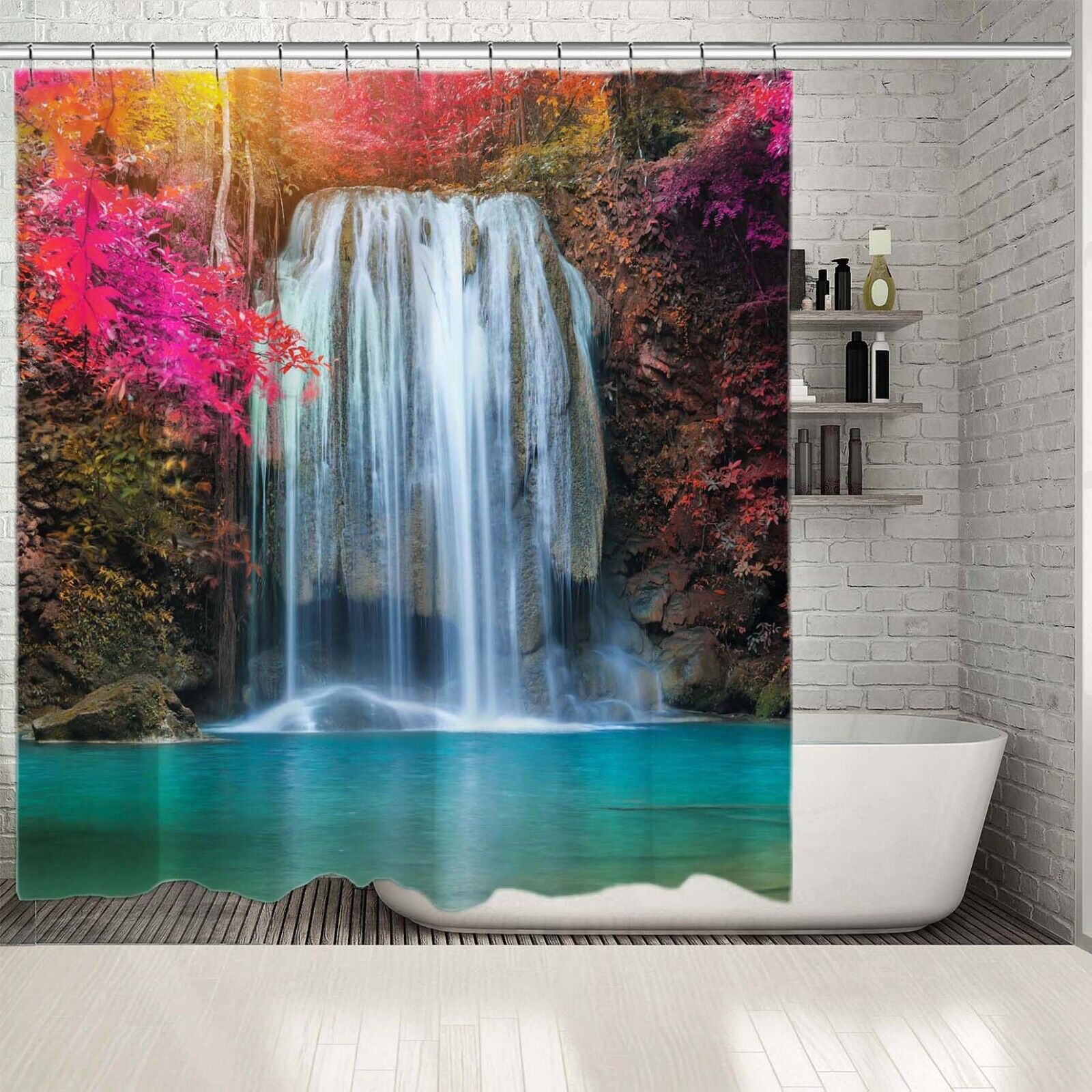Scenery Bathroom Shower Curtain- Colorful Trees Waterfall View for a Scenic Bathroom Look
