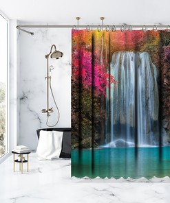 Scenery Bathroom Shower Curtain- Colorful Trees Waterfall View for a Scenic Bathroom Look