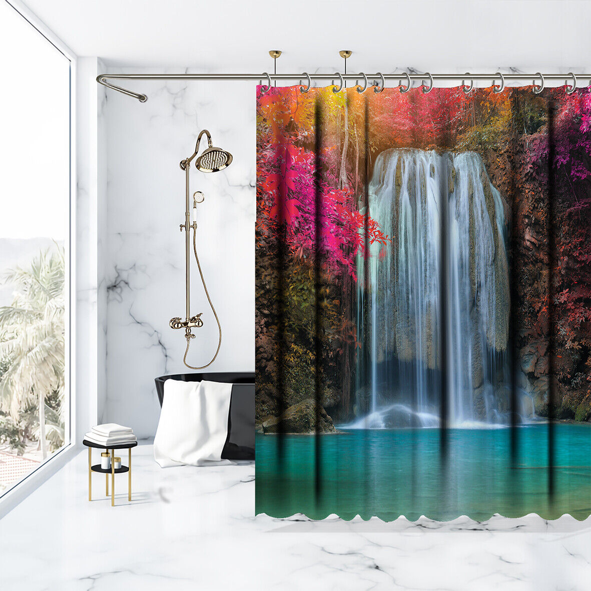 Scenery Bathroom Shower Curtain- Colorful Trees Waterfall View for a Scenic Bathroom Look