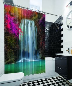 Scenery Bathroom Shower Curtain- Colorful Trees Waterfall View for a Scenic Bathroom Look