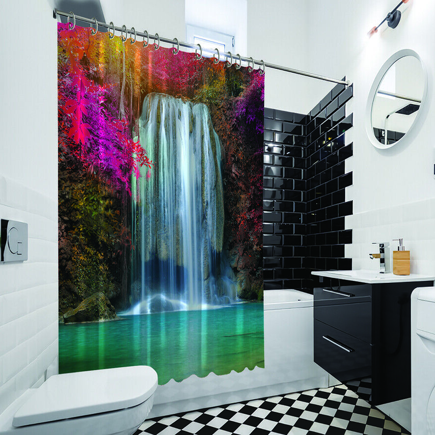 Scenery Bathroom Shower Curtain- Colorful Trees Waterfall View for a Scenic Bathroom Look