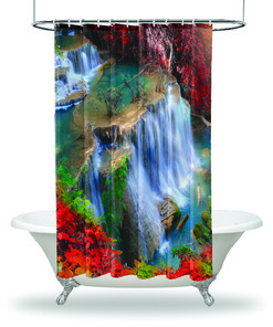 Scenery Bathroom Shower Curtain- Waterfall Forest Tropical Red- Get Your Bathroom in the Tropical Spirit