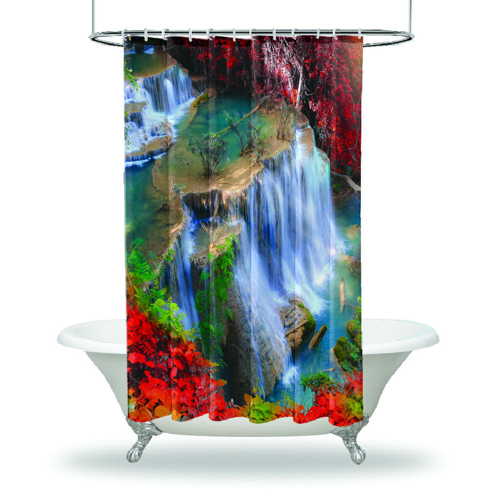 Scenery Bathroom Shower Curtain- Waterfall Forest Tropical Red- Get Your Bathroom in the Tropical Spirit