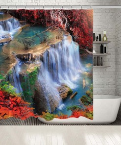 Scenery Bathroom Shower Curtain- Waterfall Forest Tropical Red- Get Your Bathroom in the Tropical Spirit