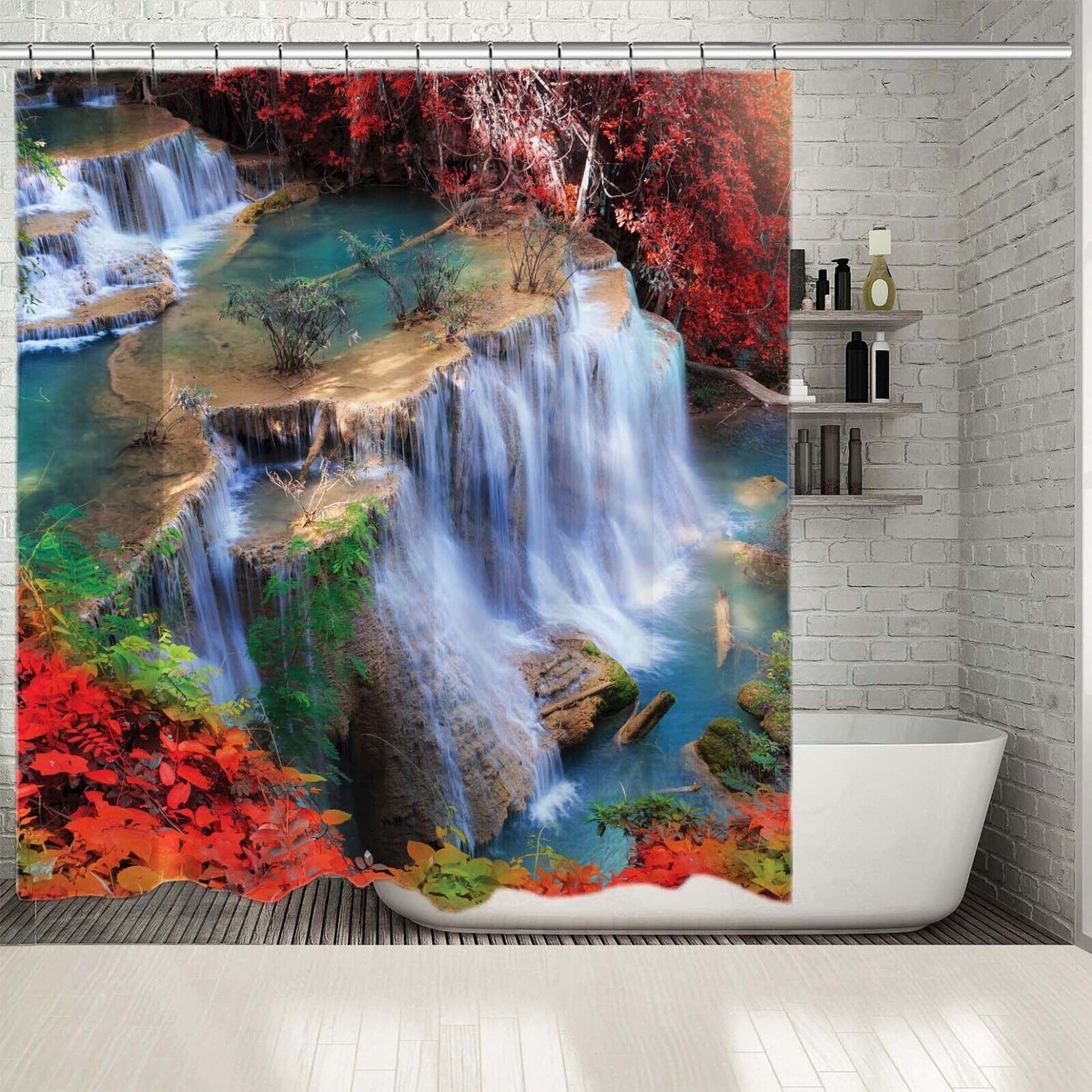 Scenery Bathroom Shower Curtain- Waterfall Forest Tropical Red- Get Your Bathroom in the Tropical Spirit