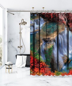 Scenery Bathroom Shower Curtain- Waterfall Forest Tropical Red- Get Your Bathroom in the Tropical Spirit