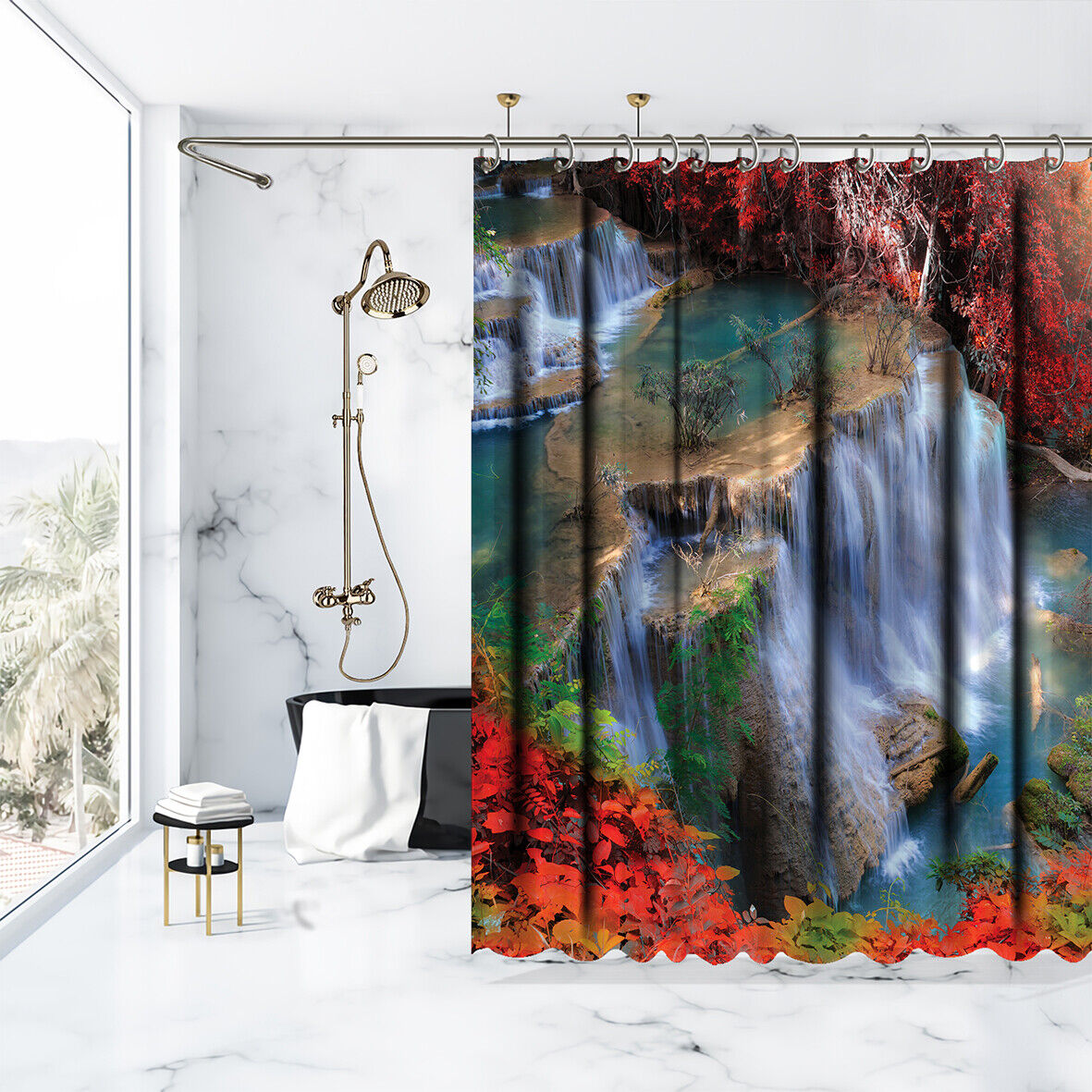 Scenery Bathroom Shower Curtain- Waterfall Forest Tropical Red- Get Your Bathroom in the Tropical Spirit