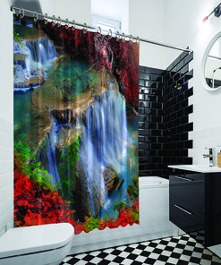 Scenery Bathroom Shower Curtain- Waterfall Forest Tropical Red- Get Your Bathroom in the Tropical Spirit