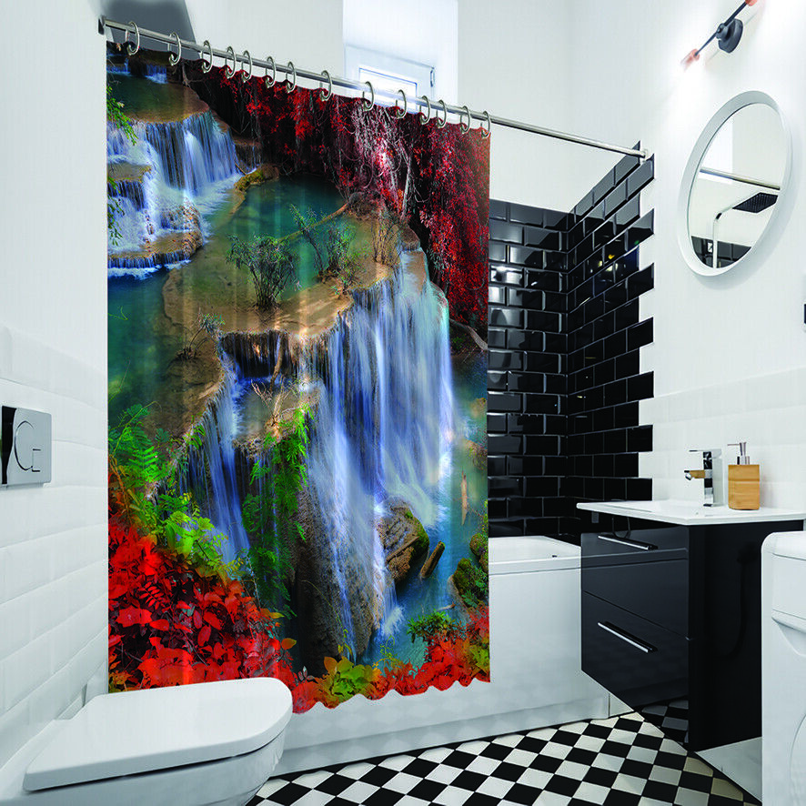Scenery Bathroom Shower Curtain- Waterfall Forest Tropical Red- Get Your Bathroom in the Tropical Spirit