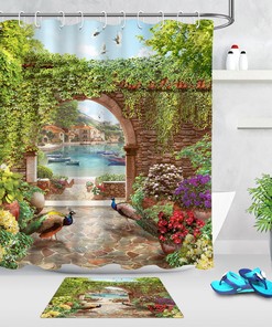 Scenic Arch Flowers Shower Curtain, Sea Peacock Bathroom Decor with Waterproof Fabric
