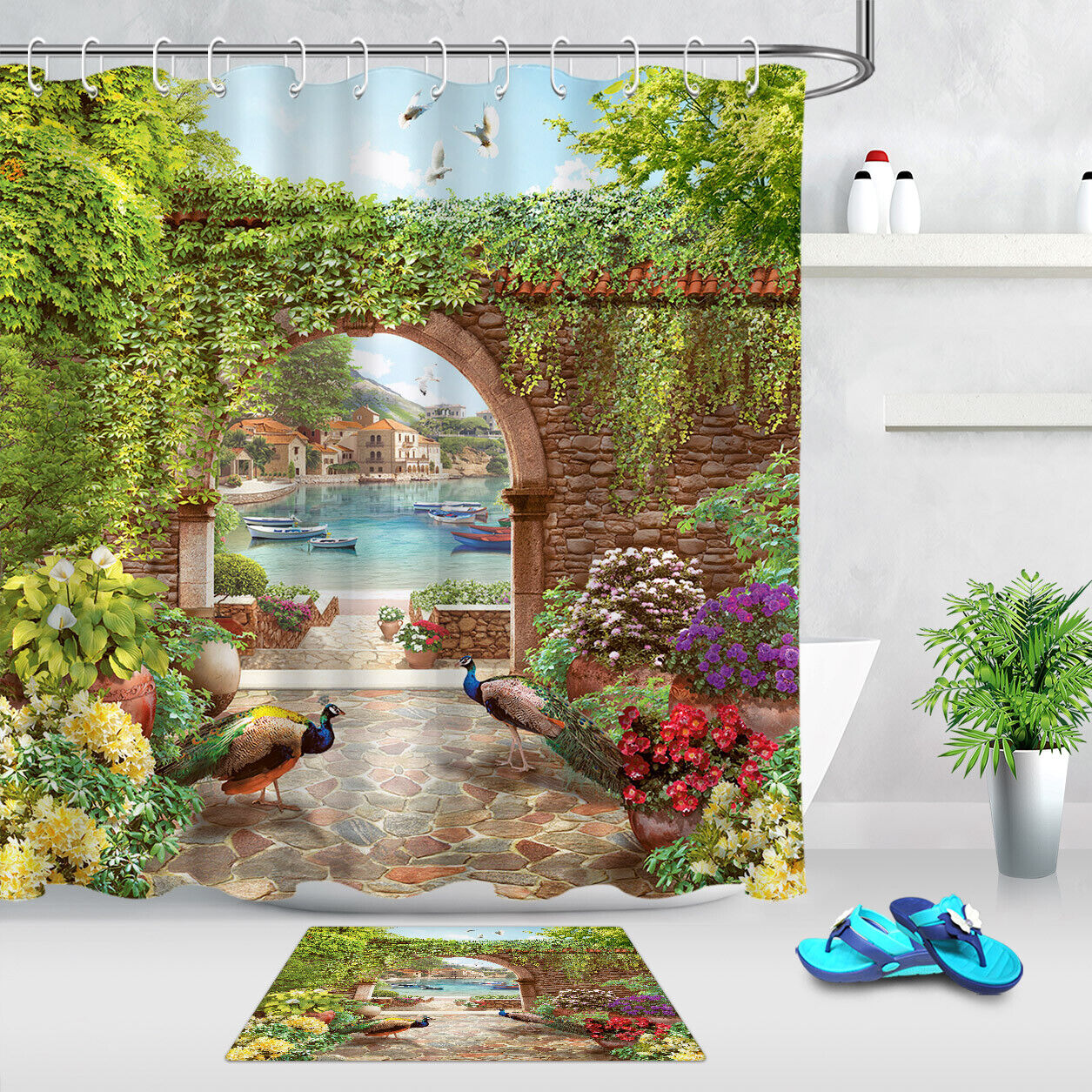 Scenic Arch Flowers Shower Curtain, Sea Peacock Bathroom Decor with Waterproof Fabric