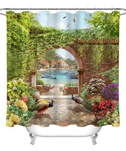 Scenic Arch Flowers Shower Curtain, Sea Peacock Bathroom Decor with Waterproof Fabric