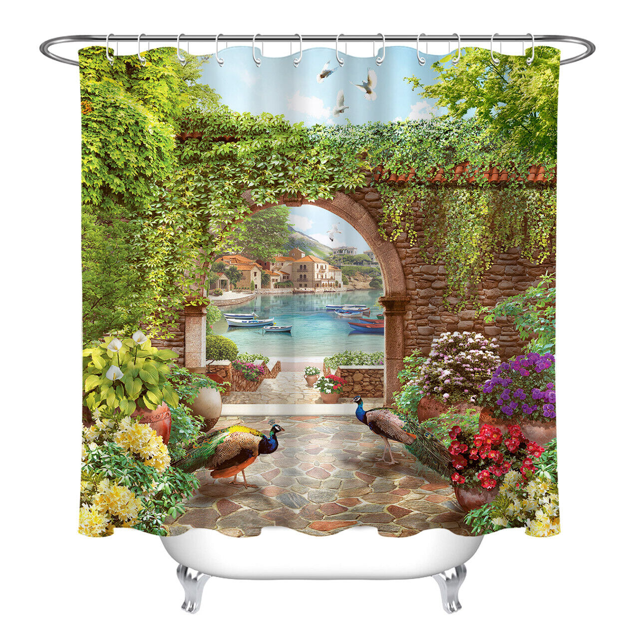 Scenic Arch Flowers Shower Curtain, Sea Peacock Bathroom Decor with Waterproof Fabric