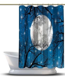 Scenic Autumn Night Printed Shower Curtain With Branches, Moon And Stars For Bathroom Decorations