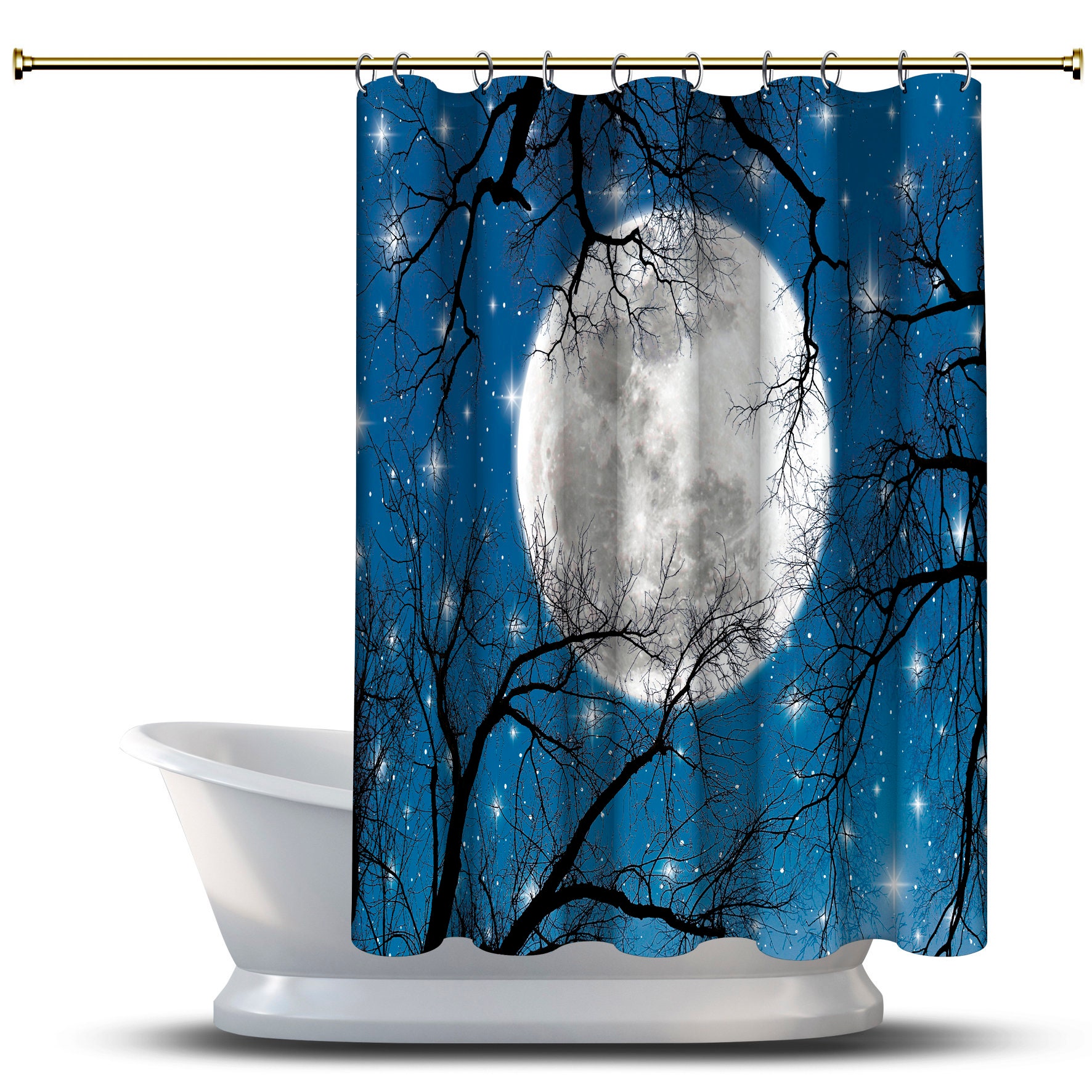 Scenic Autumn Night Printed Shower Curtain With Branches, Moon And Stars For Bathroom Decorations