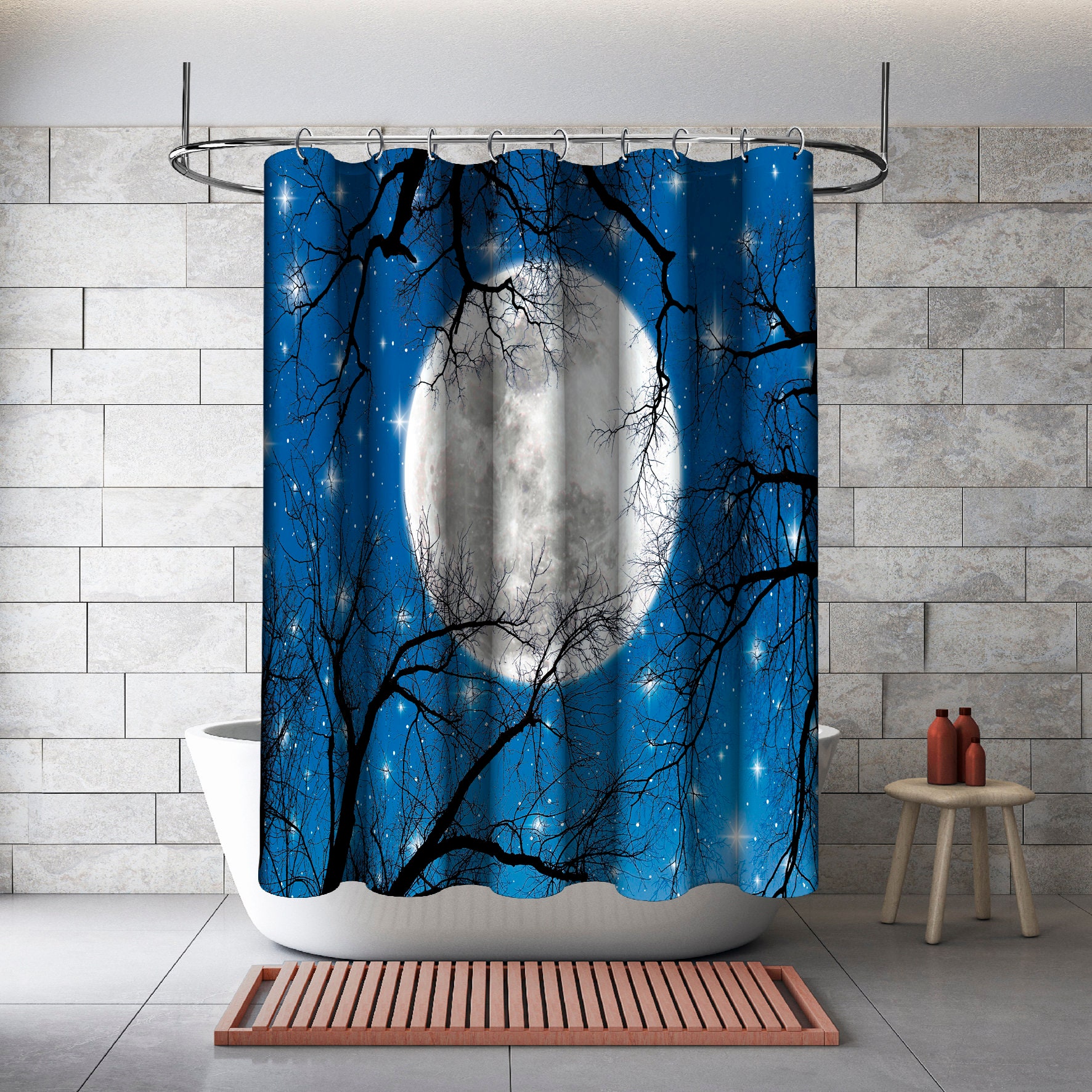 Scenic Autumn Night Printed Shower Curtain With Branches, Moon And Stars For Bathroom Decorations - Image 2
