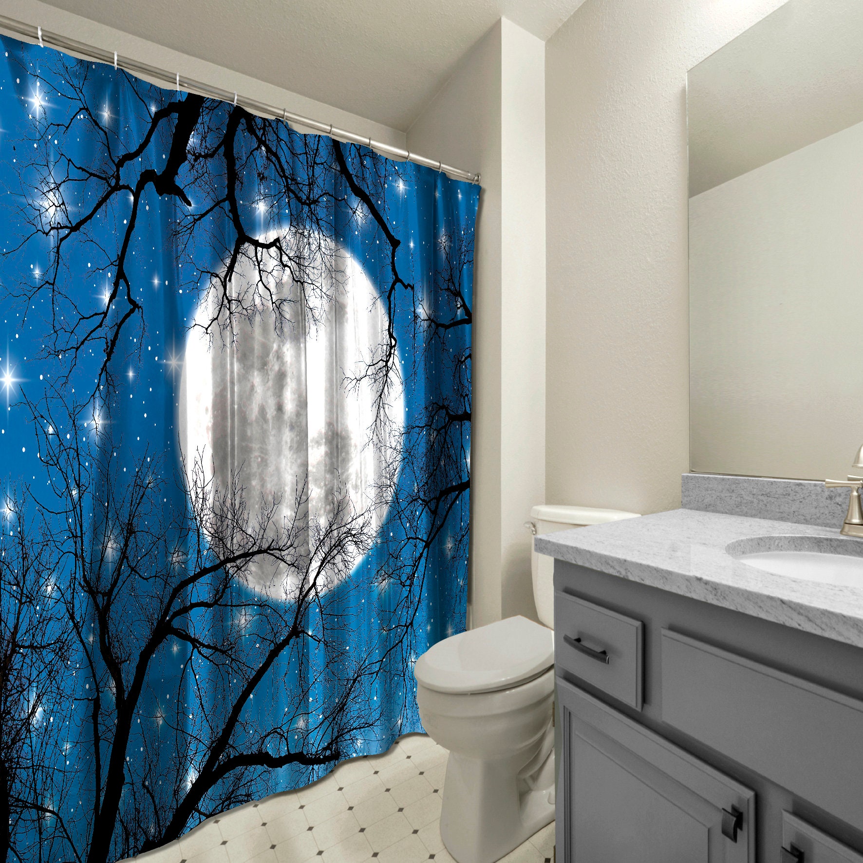 Scenic Autumn Night Printed Shower Curtain With Branches, Moon And Stars For Bathroom Decorations - Image 3
