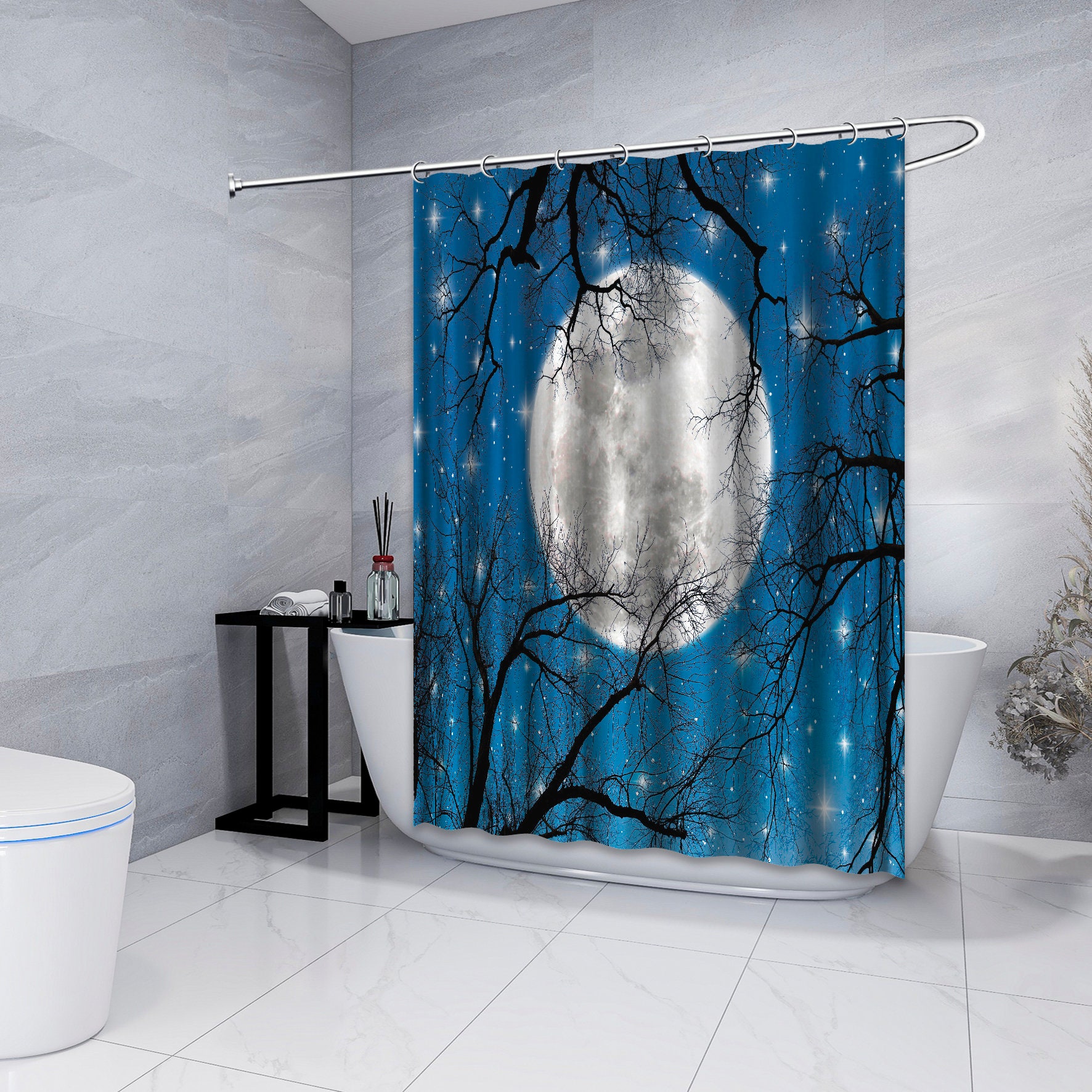 Scenic Autumn Night Printed Shower Curtain With Branches, Moon And Stars For Bathroom Decorations - Image 4