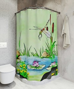 Scenic Dragonfly Shower Curtain in Sage Green for a calming and waterproof bathroom experience