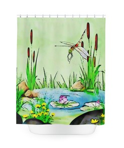 Scenic Dragonfly Shower Curtain in Sage Green for a calming and waterproof bathroom experience