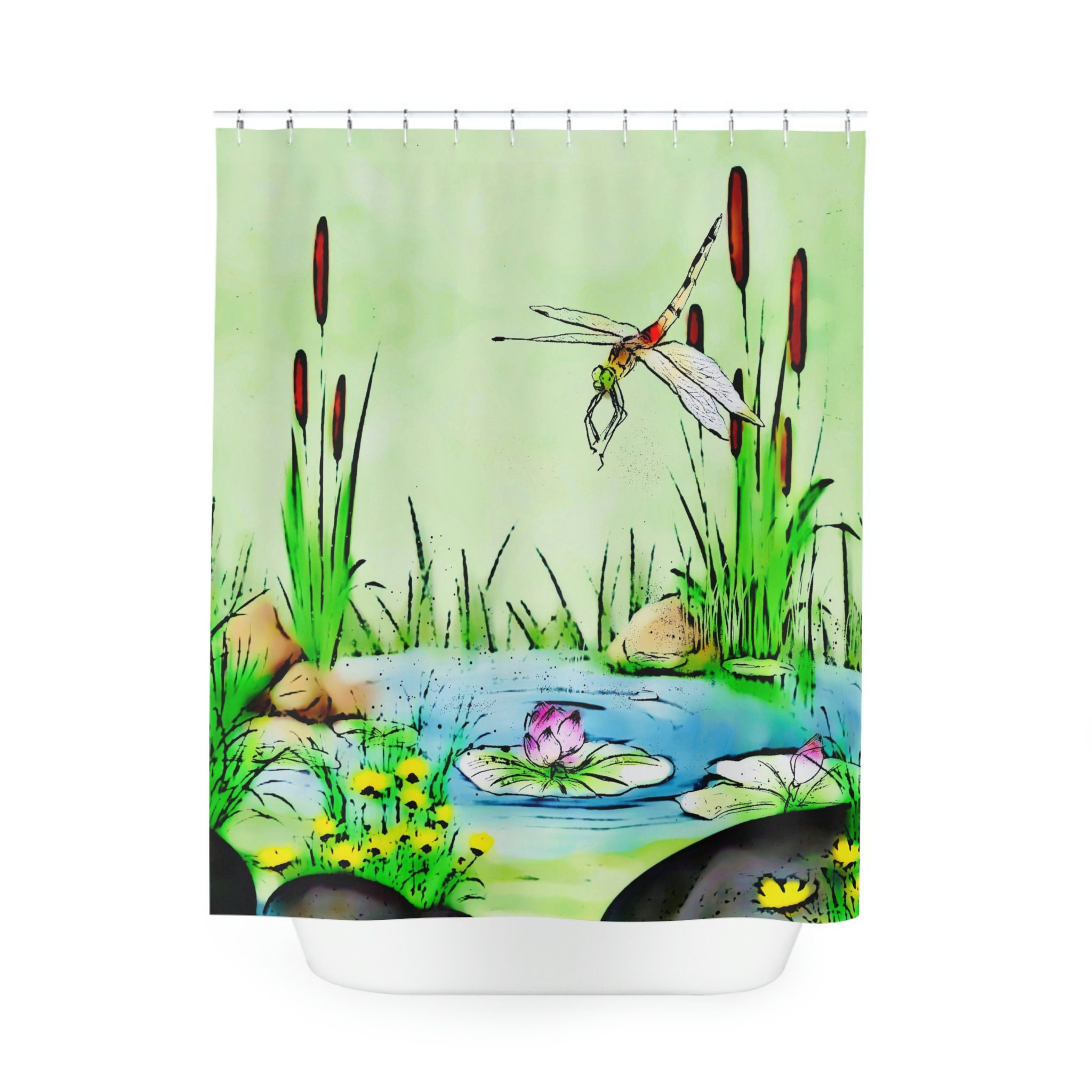 Scenic Dragonfly Shower Curtain in Sage Green for a calming and waterproof bathroom experience