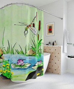 Scenic Dragonfly Shower Curtain in Sage Green for a calming and waterproof bathroom experience