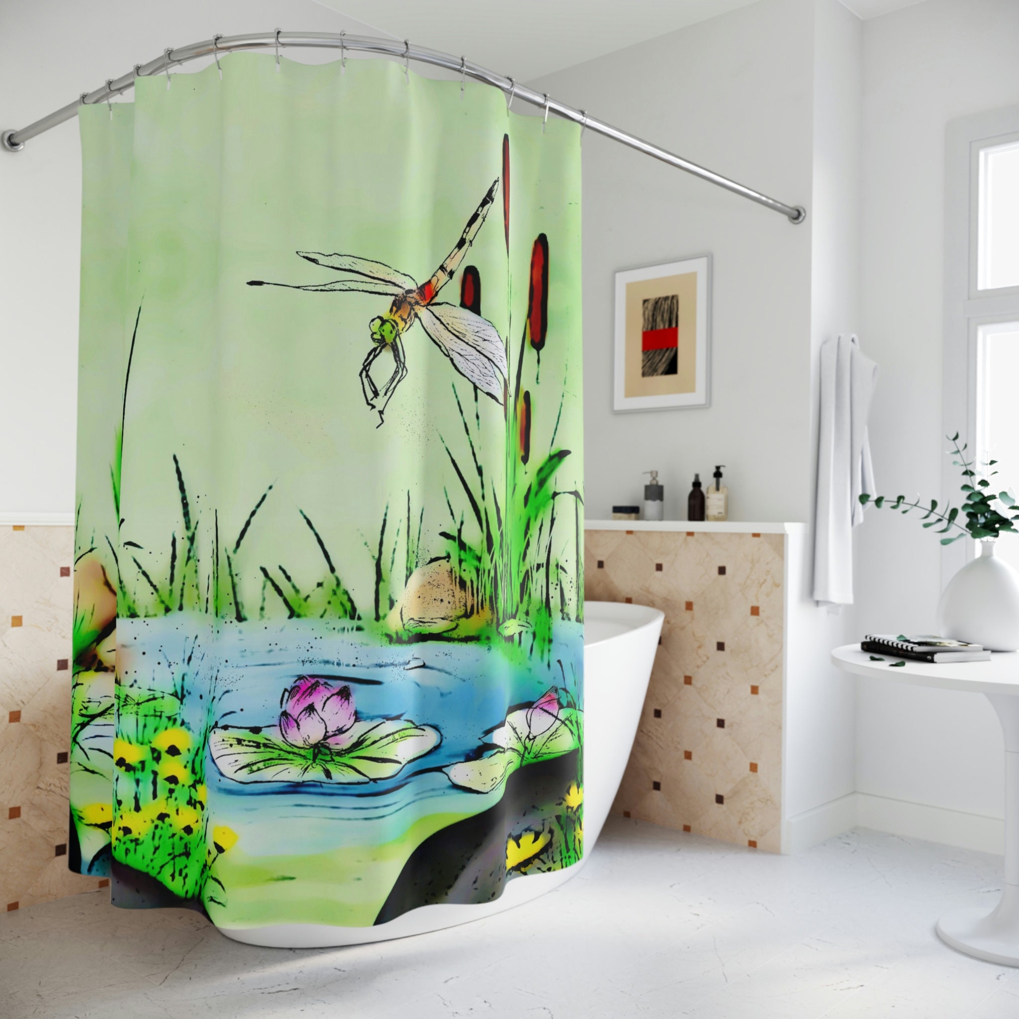Scenic Dragonfly Shower Curtain in Sage Green for a calming and waterproof bathroom experience
