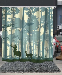 Scenic Forest Print Shower Curtain With Deer And Nature-Themed Design