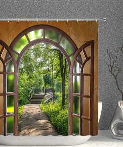 Scenic Garden Green Trees Plants Leaves Bridge Road Shower Curtain for a Natural and Serene Bathroom Decor