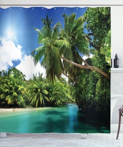 Scenic Mahe Island Lake Palms Jungle Shower Curtain for Nature Inspired Bathroom Decor 