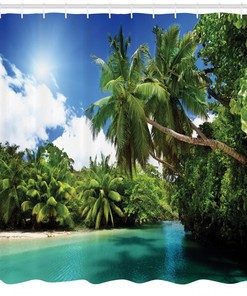 Scenic Mahe Island Lake Palms Jungle Shower Curtain for Nature Inspired Bathroom Decor