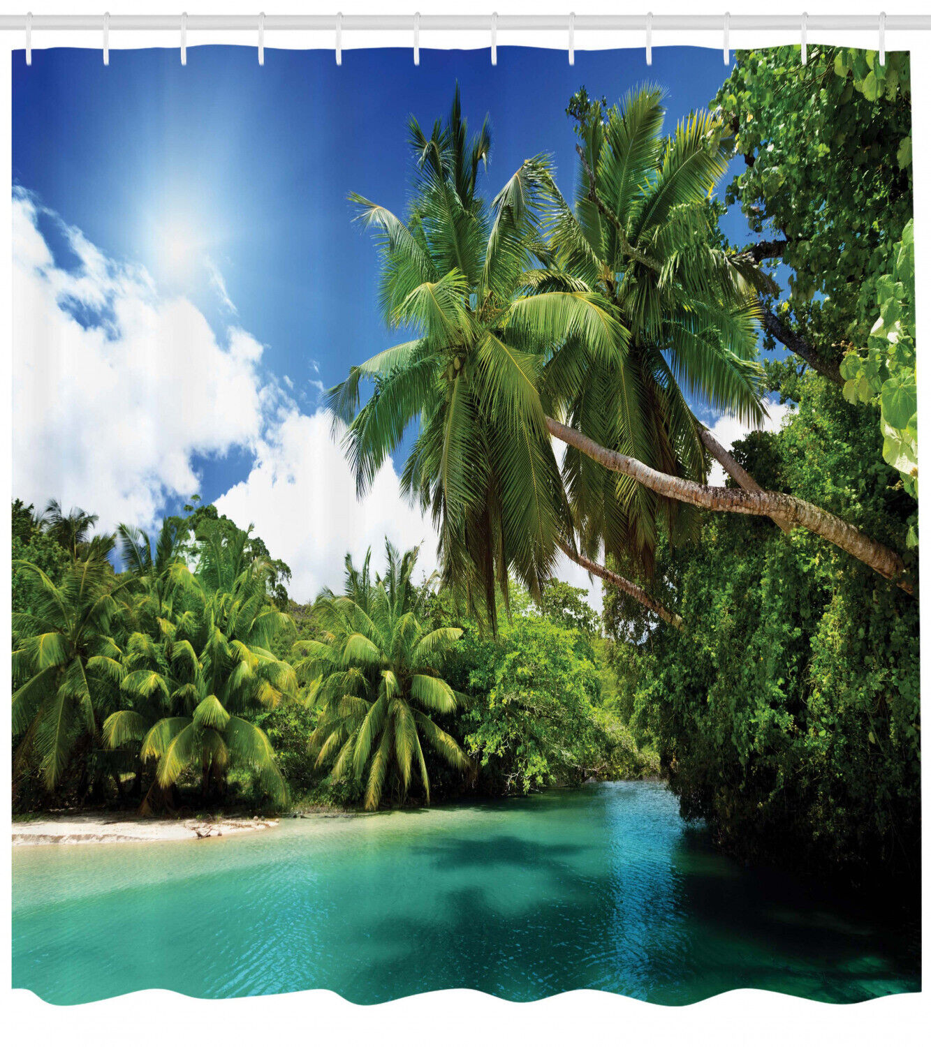 Scenic Mahe Island Lake Palms Jungle Shower Curtain for Nature Inspired Bathroom Decor