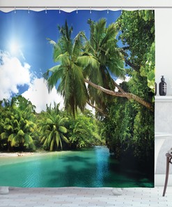 Scenic Mahe Island Lake Palms Jungle Shower Curtain for Nature Inspired Bathroom Decor