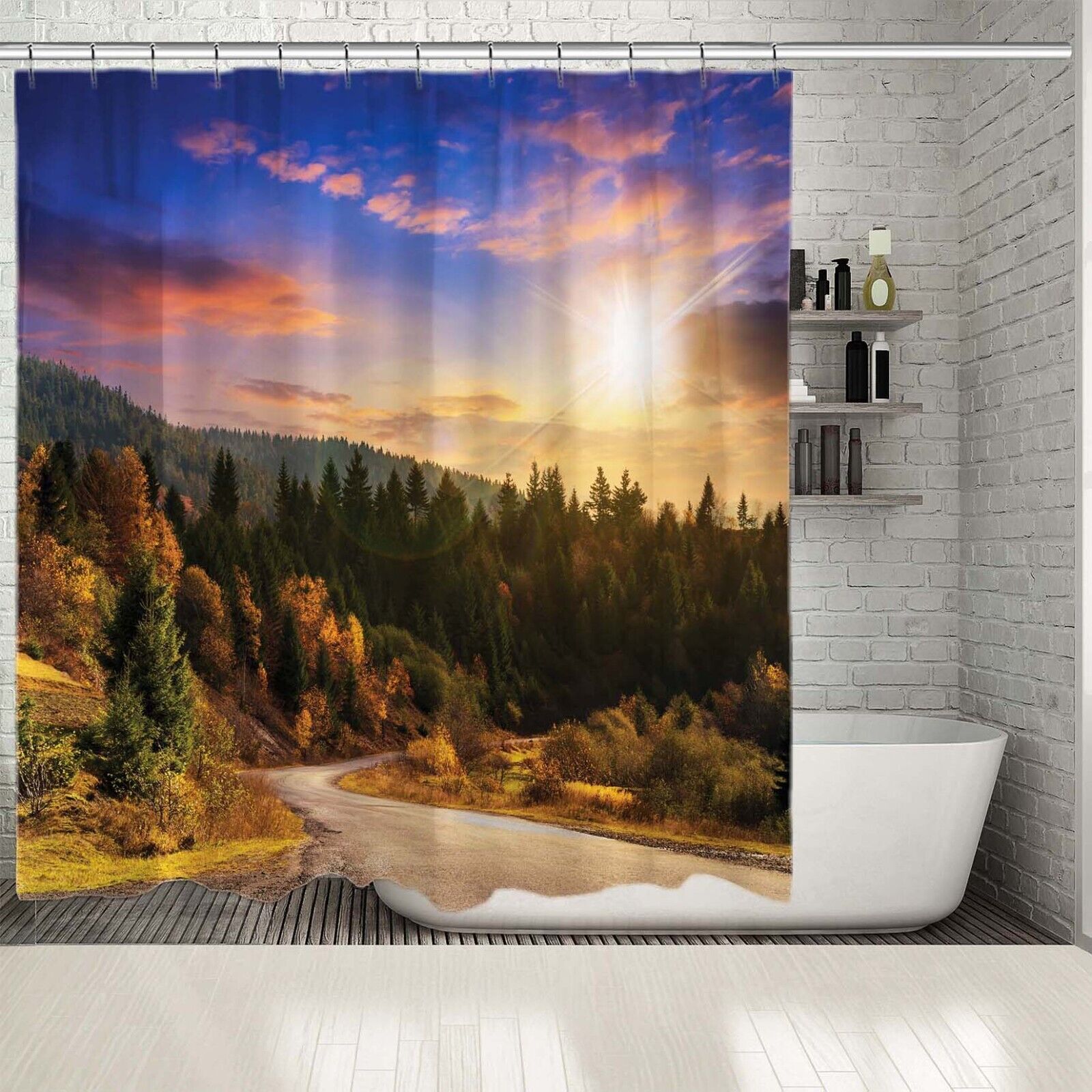 Scenic Mountain And Asphalt Road Shower Curtain With Waterproof Fabric For Your Bathroom - Image 2