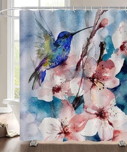 Scenic Nature View Fabric Shower Curtain with Hummingbird and Flowers Print
