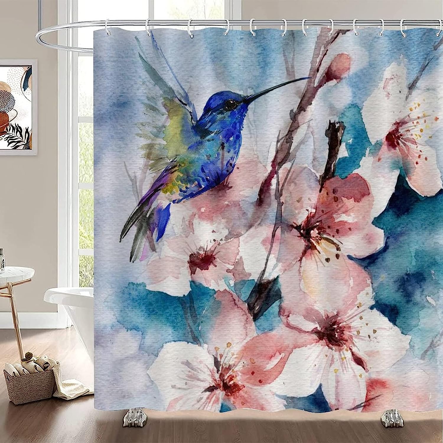Scenic Nature View Fabric Shower Curtain with Hummingbird and Flowers Print