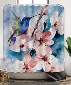 Scenic Nature View Fabric Shower Curtain with Hummingbird and Flowers Print
