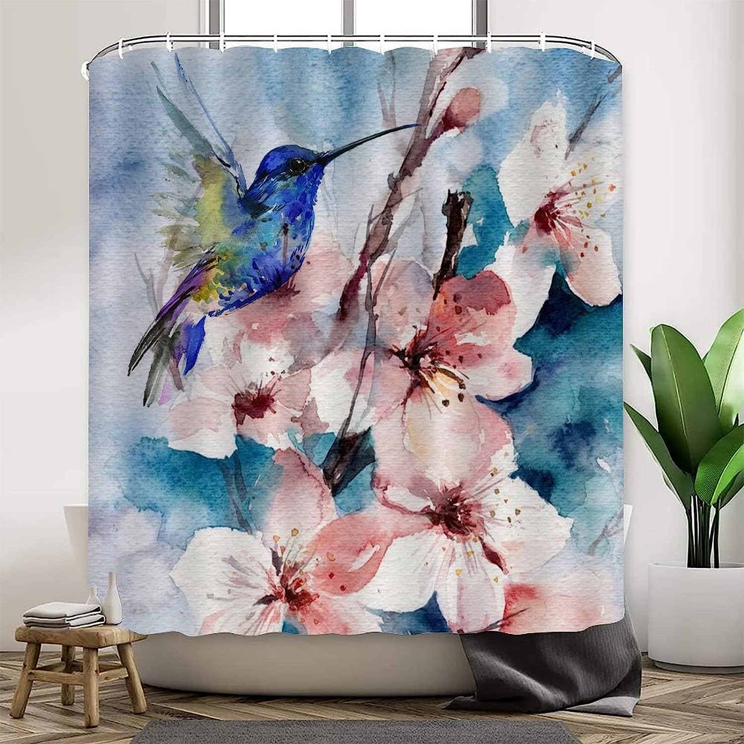 Scenic Nature View Fabric Shower Curtain with Hummingbird and Flowers Print
