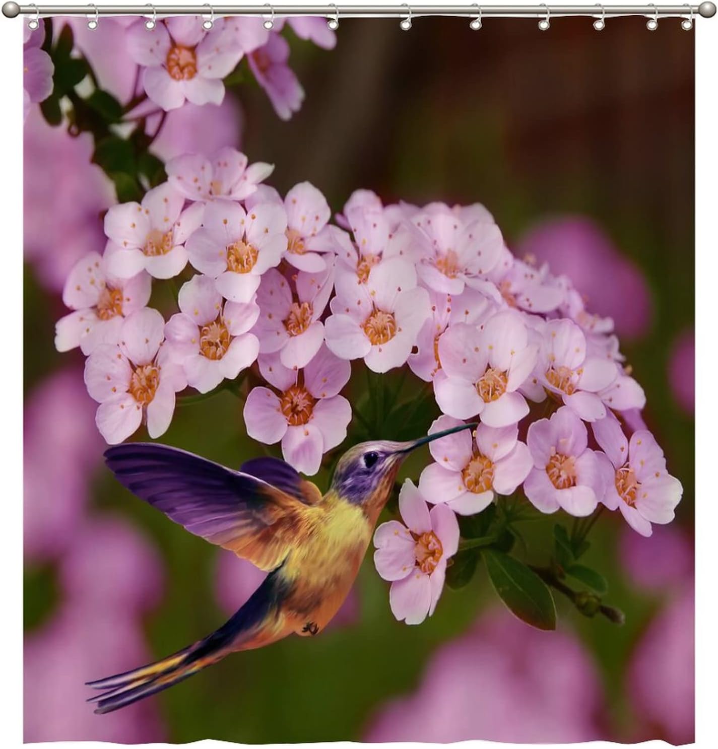 Scenic Nature View Shower Curtain with Hummingbird and Flowers Print