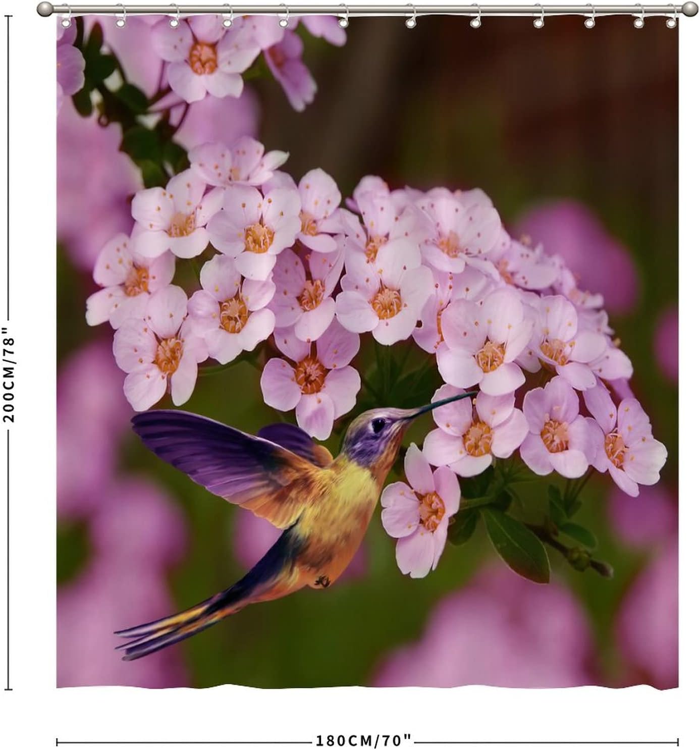 Scenic Nature View Shower Curtain with Hummingbird and Flowers Print