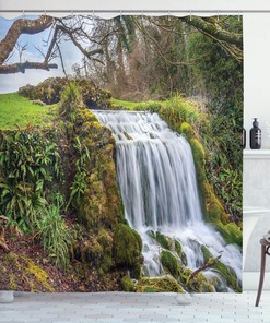 Scenic Rainforest Shower Curtain with Vibrant Tree Prints and Waterfall for a Natural and Refreshing Bathroom