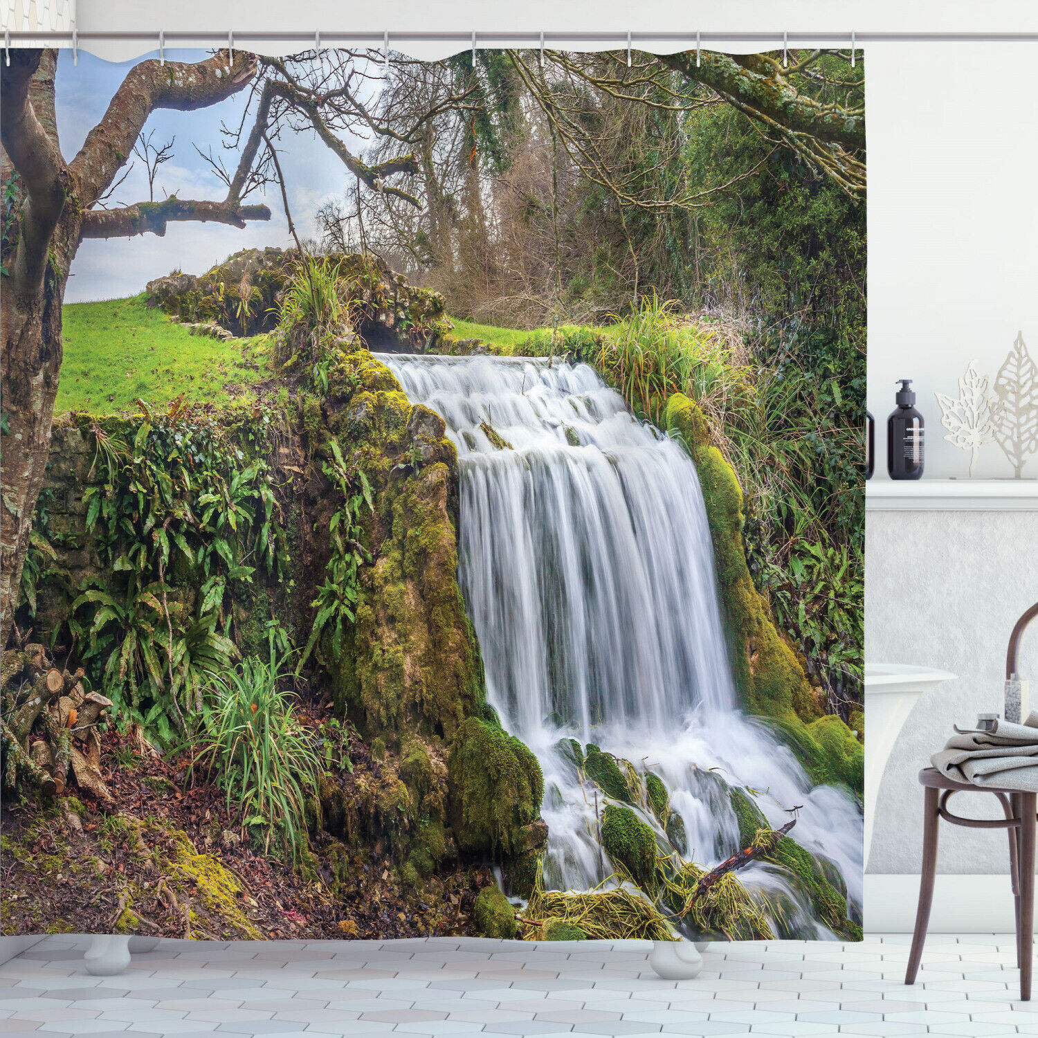 Scenic Rainforest Shower Curtain with Vibrant Tree Prints and Waterfall for a Natural and Refreshing Bathroom