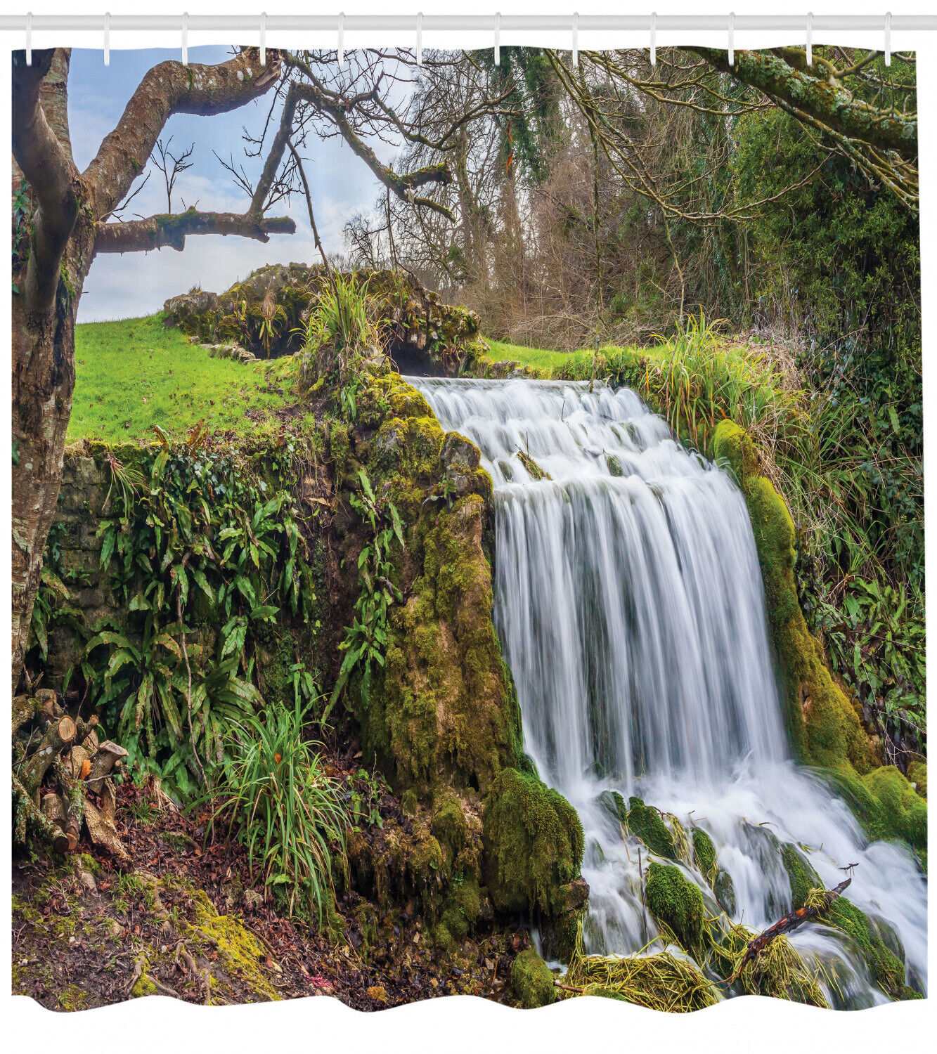Scenic Rainforest Shower Curtain with Vibrant Tree Prints and Waterfall for a Natural and Refreshing Bathroom