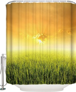 Scenic Rice Field And Sunset Shower Curtain For Rural Bathroom Decor