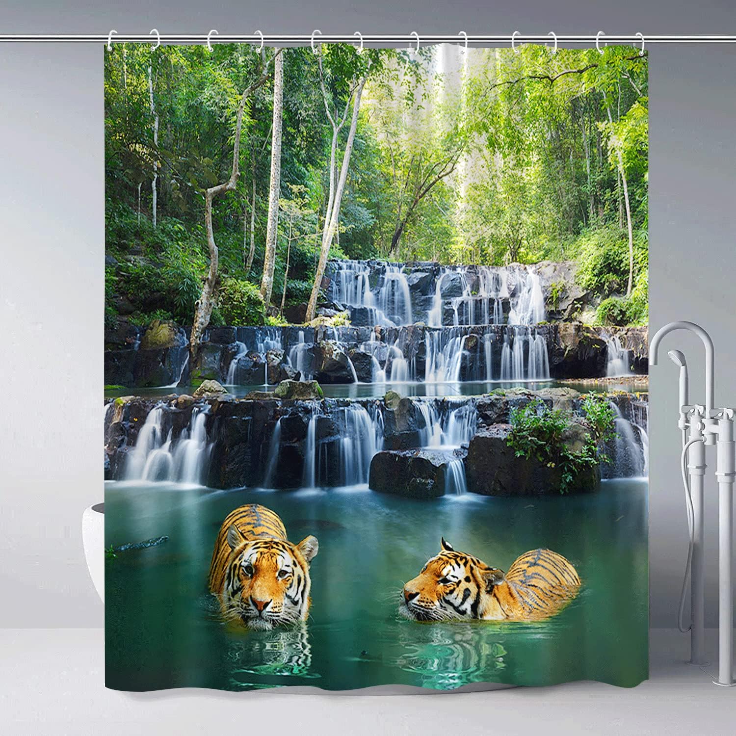 Scenic Shower Curtain with Forest Waterfall, Tiger and Wild Animal, Green Landscape and Tropical Plant