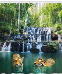 Scenic Shower Curtain with Forest Waterfall, Tiger and Wild Animal, Green Landscape and Tropical Plant