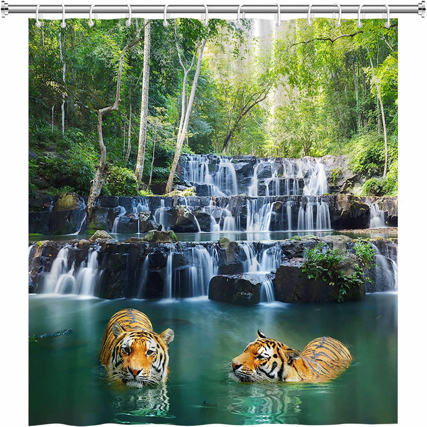 Scenic Shower Curtain with Forest Waterfall, Tiger and Wild Animal, Green Landscape and Tropical Plant