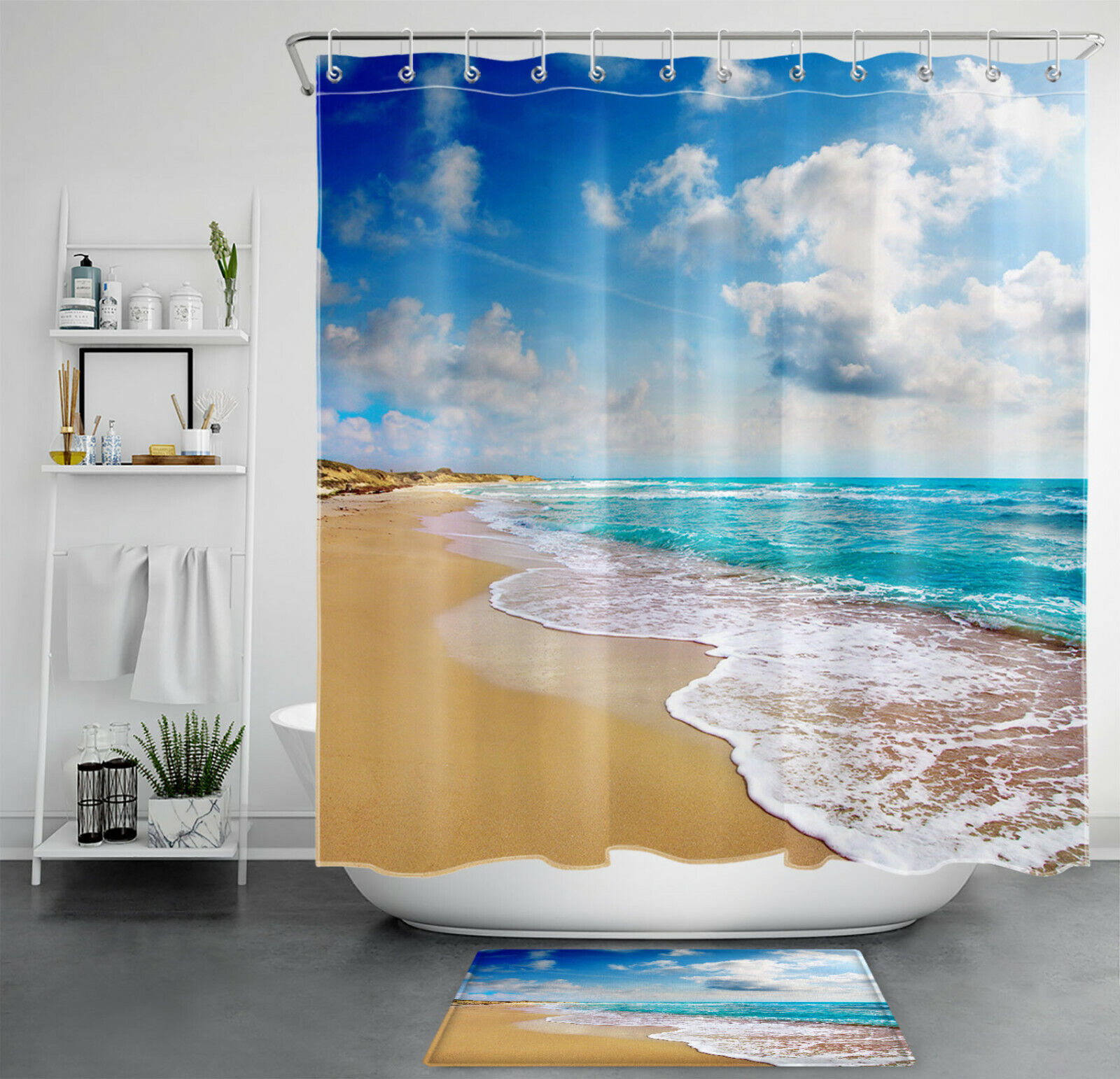 Scenic Tropical Ocean Beach Shower Curtain, Beach Summer Shower Curtain for Bathroom Decor