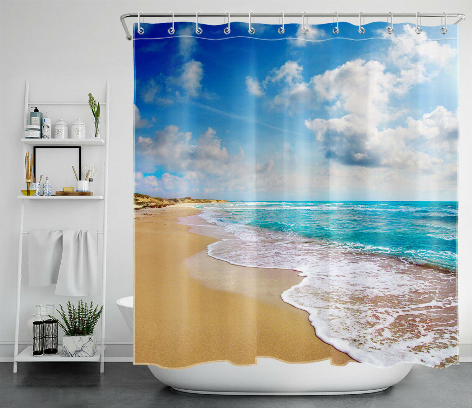 Scenic Tropical Ocean Beach Shower Curtain, Beach Summer Shower Curtain for Bathroom Decor