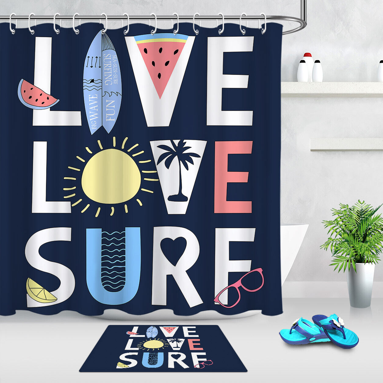 Scenic Tropical Ocean Surfing Shower Curtain, Fabric for Bathroom Decor